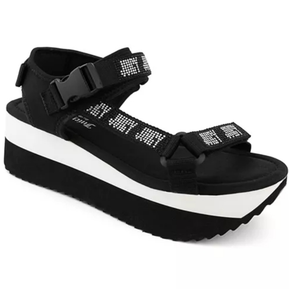 New Juicy Couture Women's Izora‎ Black Crystal Logo Flatform Sandals Size 7
